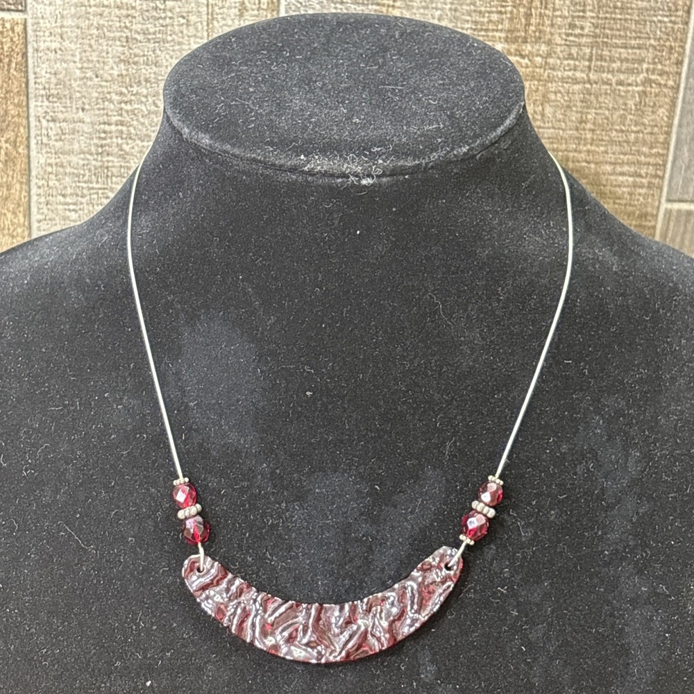 Artisan Fused Art Glass Crescent Necklace Ruby Red 925 Sterling Silver Beads
